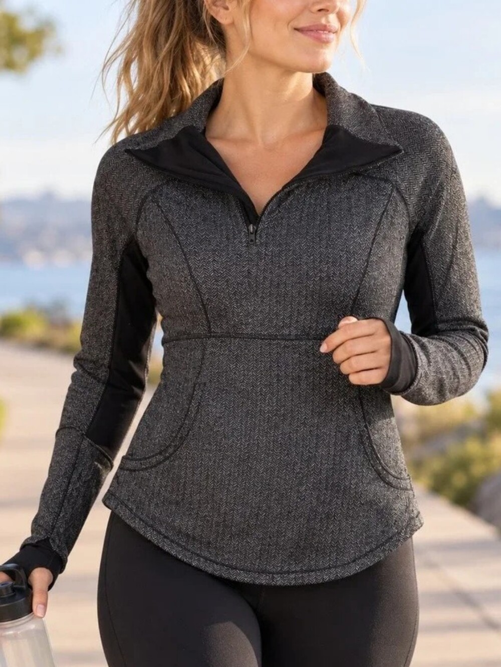 Lululemon‎ Base Runner Half Zip Athletic Pullover Gray Herringbone - Women's 6